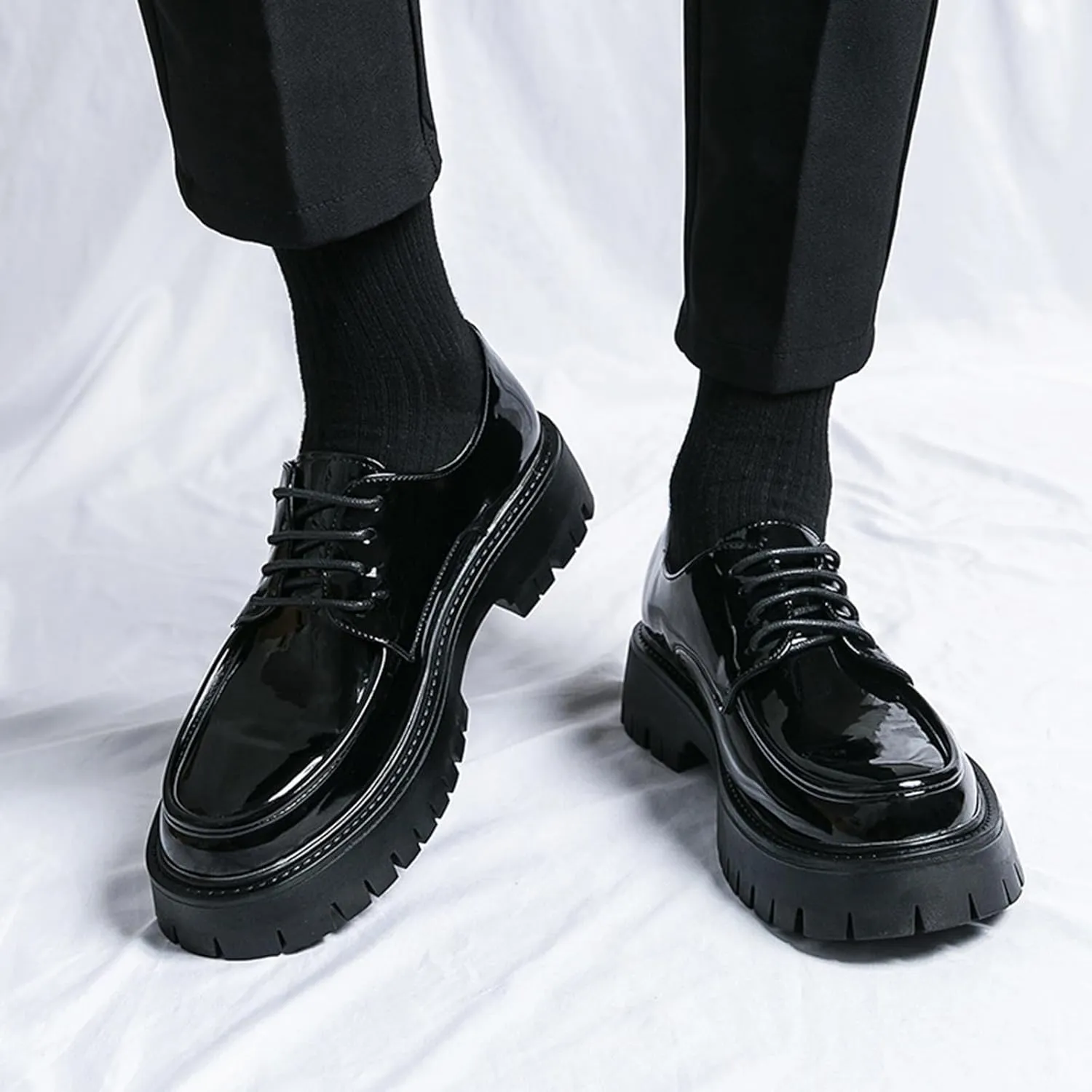 Men's Lug Sole Lace Up Platform Dress Loafers,Fashion Patent Leather Round Toe Slip On Non Slip Thick Sole Increase Height Oxfords Casual Formal Work Penny Shoes
