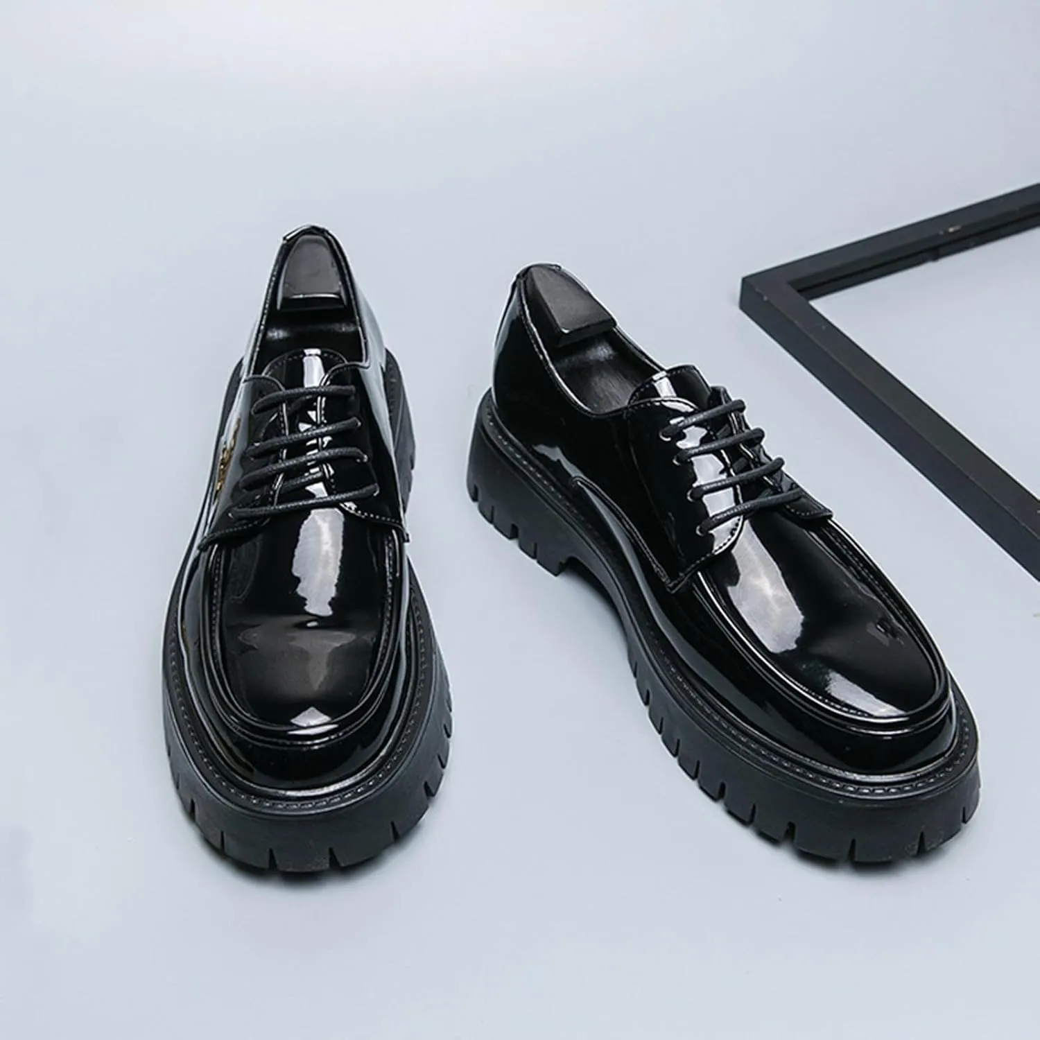 Men's Lug Sole Lace Up Platform Dress Loafers,Fashion Patent Leather Round Toe Slip On Non Slip Thick Sole Increase Height Oxfords Casual Formal Work Penny Shoes