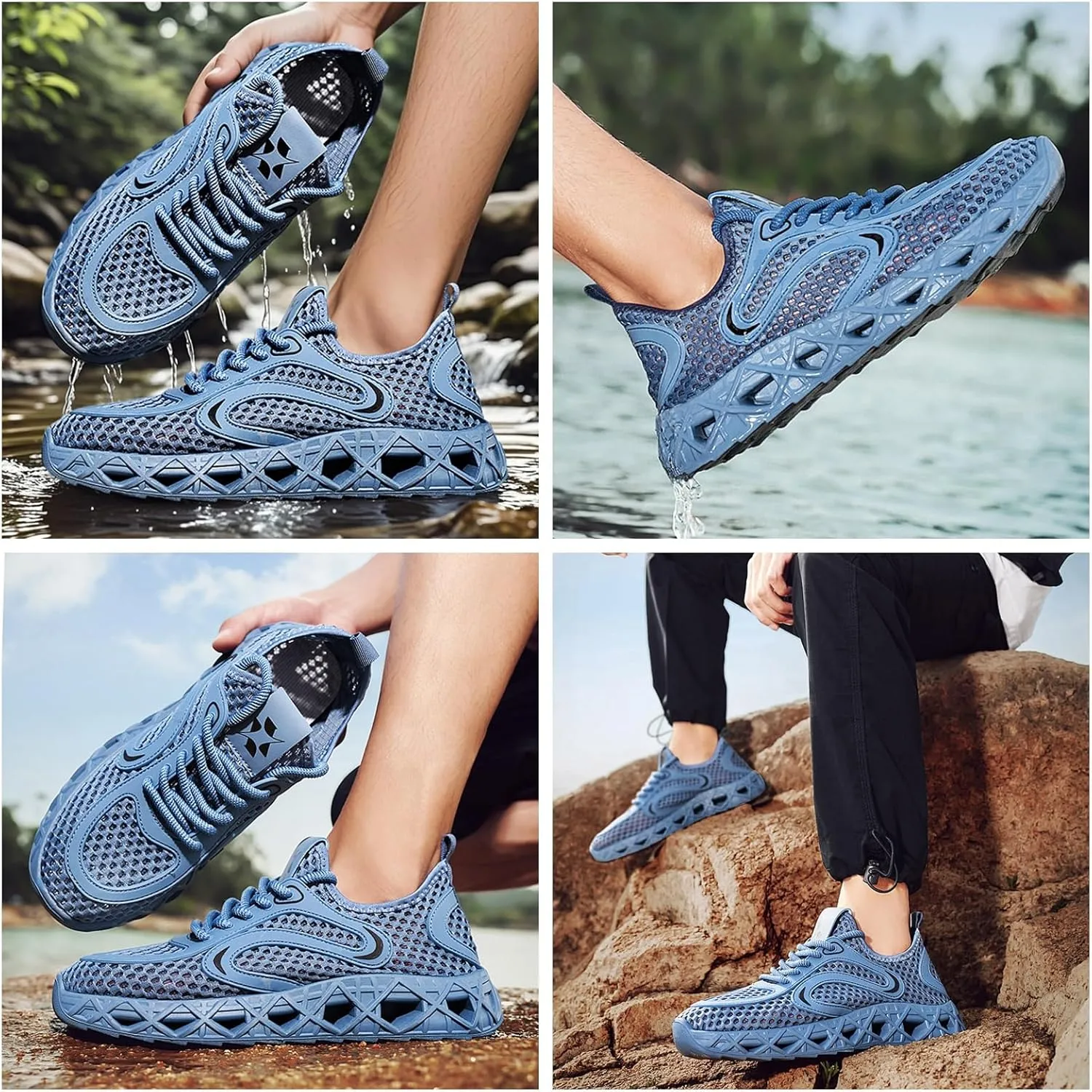 Men's Quick-Dry Breathable Hiking Shoes - Mesh Sneakers with Geometric Cutout Sole & Anti-Slip Traction for Trail Running Summer Wetland Trekking Adjustable Heel Pull Tab Lightweight Design