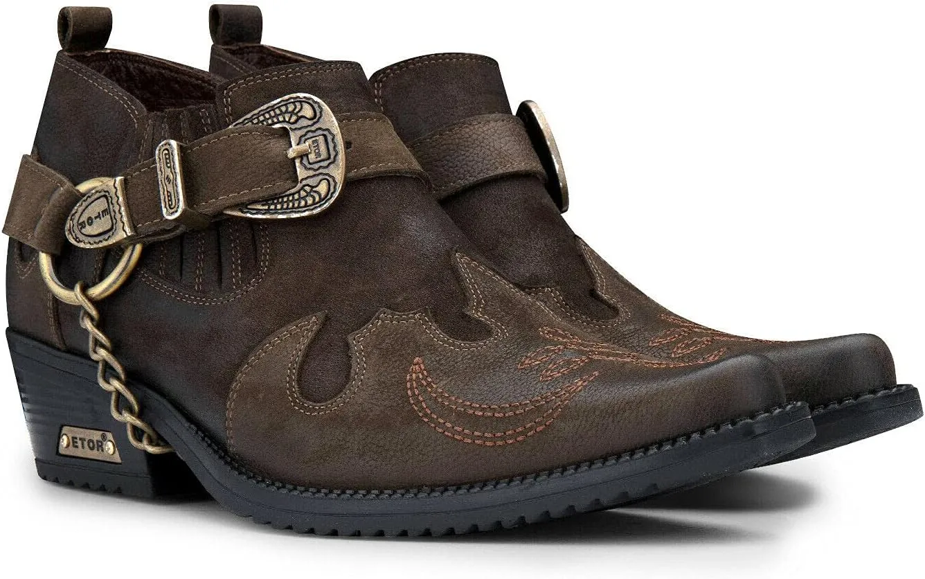 Men's Real Leather Western Shoes Cuban Metal Chain Cowboy Winklepickers