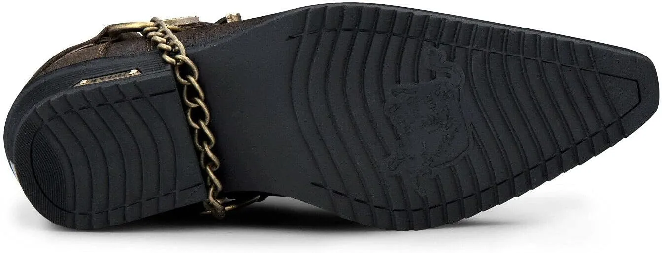 Men's Real Leather Western Shoes Cuban Metal Chain Cowboy Winklepickers