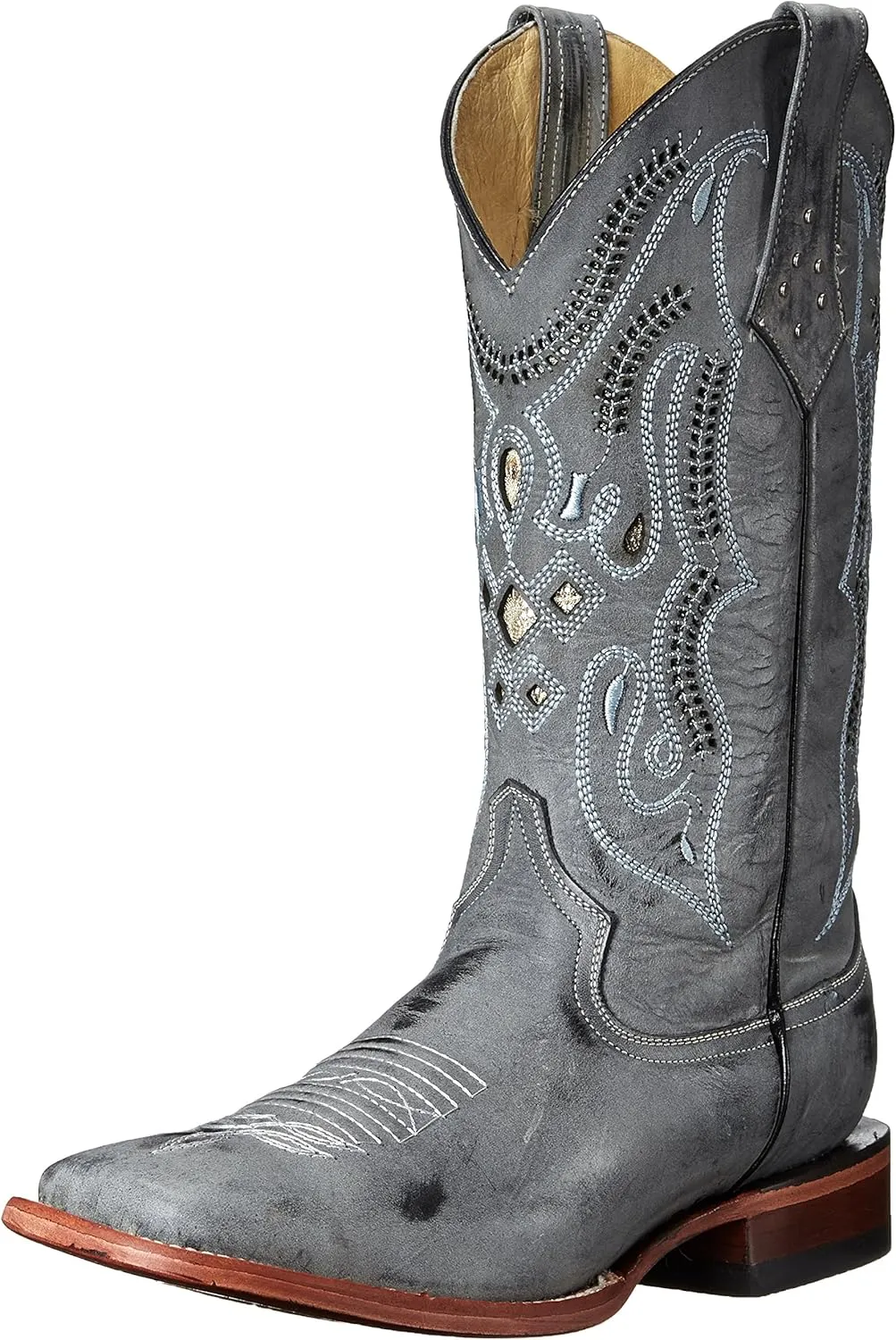Mens Roughrider Embroidered Narrow Square Toe Casual Boots Mid Calf - Black