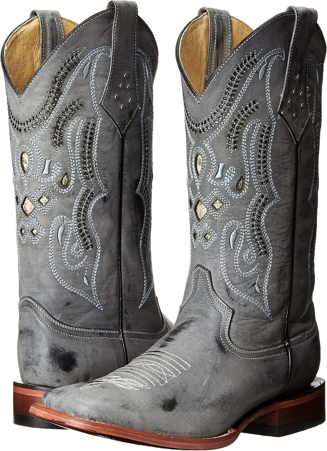 Mens Roughrider Embroidered Narrow Square Toe Casual Boots Mid Calf - Black