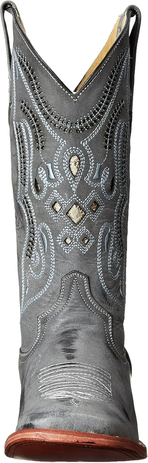 Mens Roughrider Embroidered Narrow Square Toe Casual Boots Mid Calf - Black