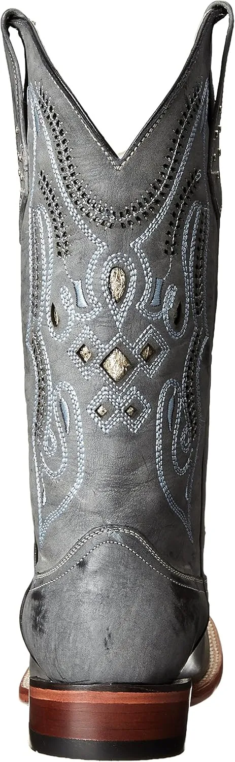 Mens Roughrider Embroidered Narrow Square Toe Casual Boots Mid Calf - Black