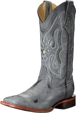Mens Roughrider Embroidered Narrow Square Toe Casual Boots Mid Calf - Black