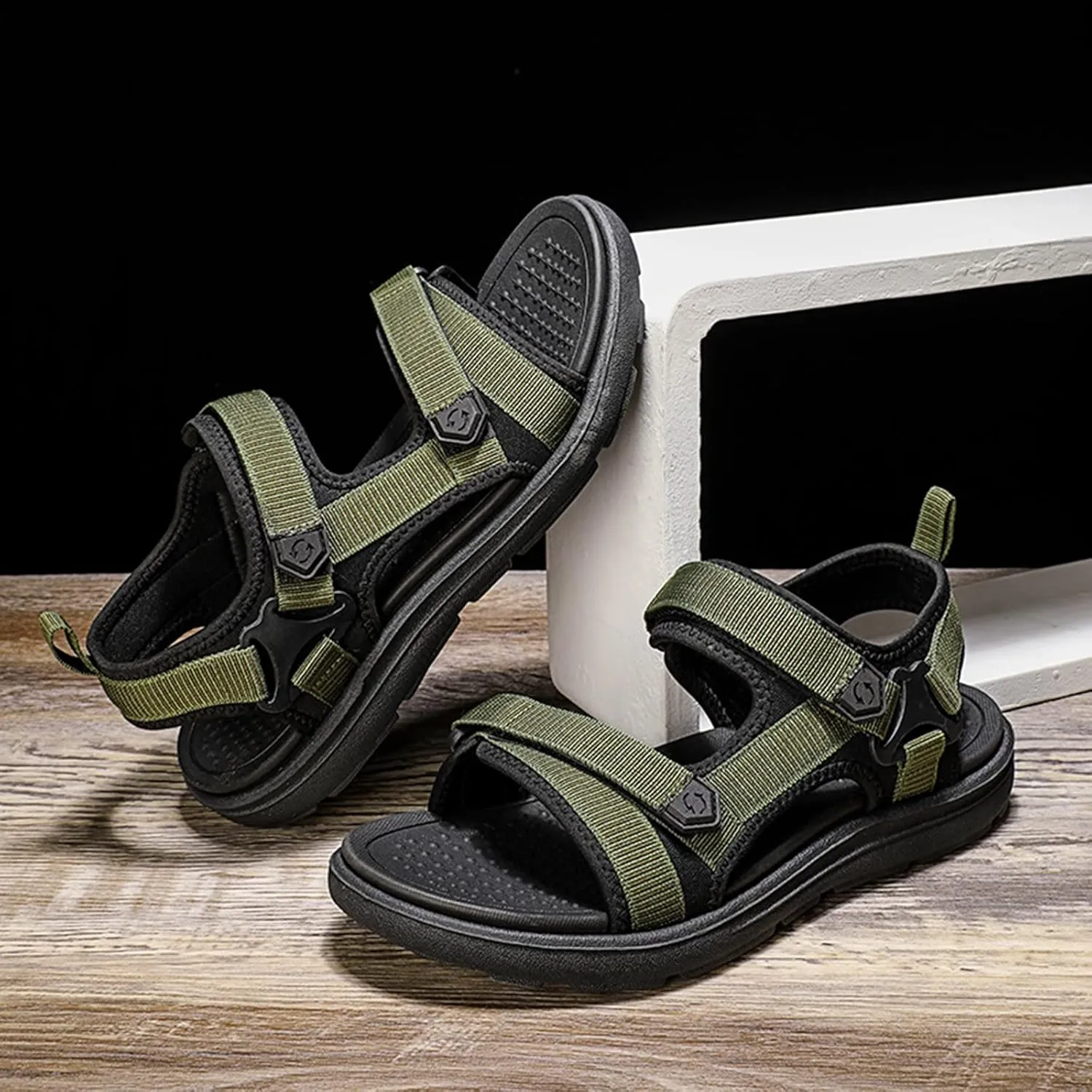 Men's Sandals Leather Sport Open Toes Sandals Casual Elastic Beach Slippers for Summer Men's Fisherman Sandal (Green, 9)