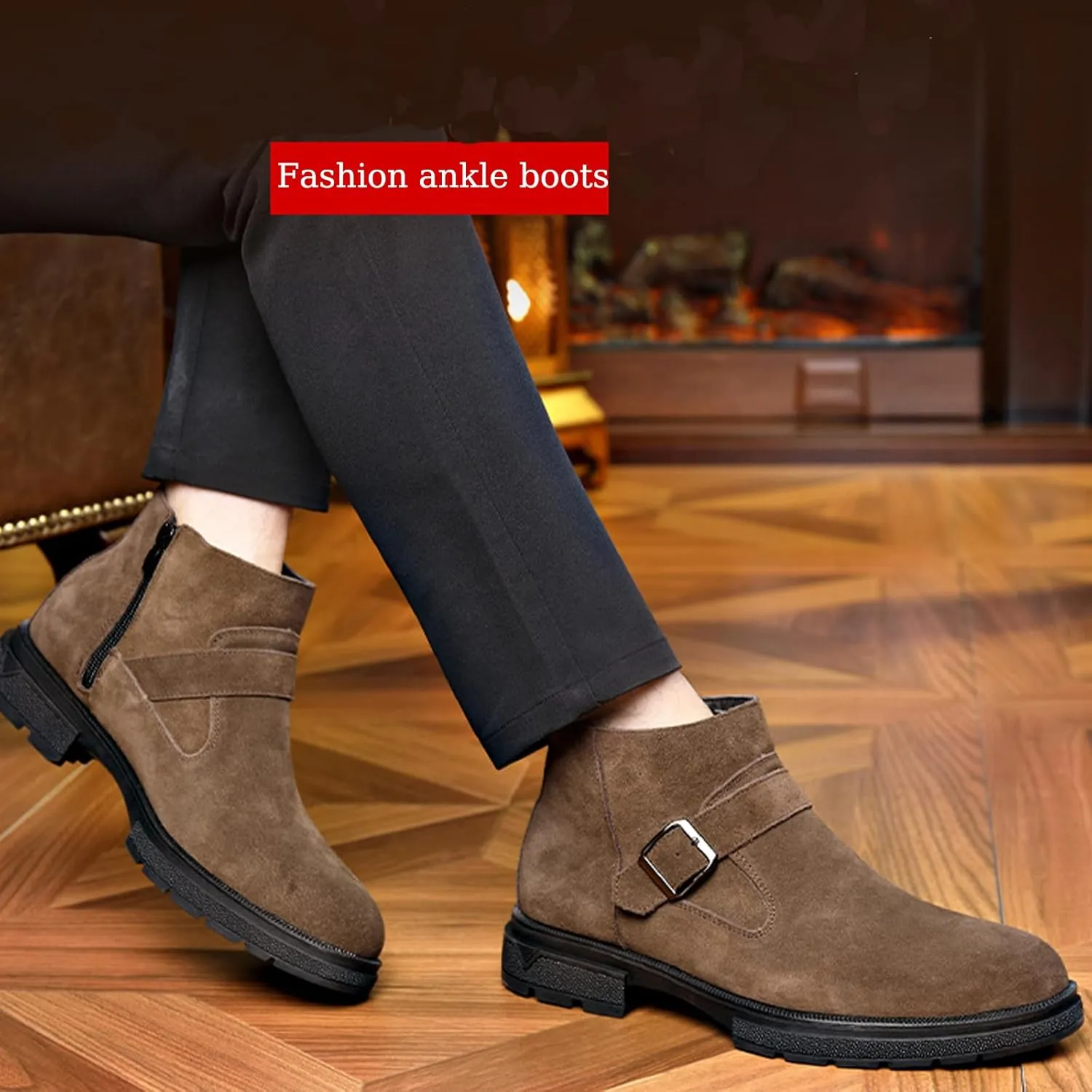 Men's Suede Buckle Low Block Heel Chelsea Ankle Boots with Zipper Retro Round Lug Sole Non-Slip Warm Plush Lining Business Chukka Booties