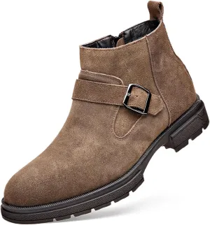 Men's Suede Buckle Low Block Heel Chelsea Ankle Boots with Zipper Retro Round Lug Sole Non-Slip Warm Plush Lining Business Chukka Booties
