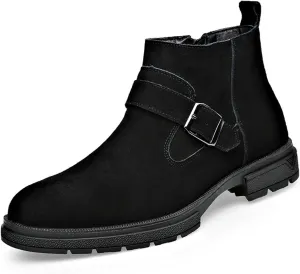 Men's Suede Buckle Low Block Heel Chelsea Ankle Boots with Zipper Retro Round Lug Sole Non-Slip Warm Plush Lining Business Chukka Booties