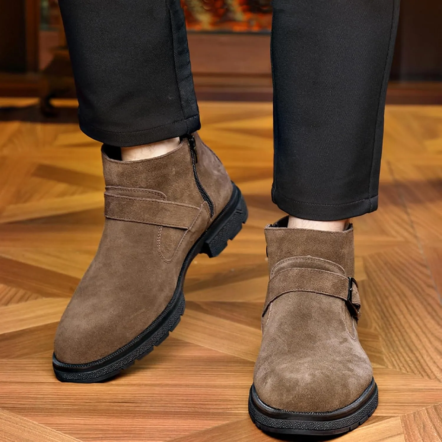 Men's Suede Buckle Low Block Heel Chelsea Ankle Boots with Zipper Retro Round Lug Sole Non-Slip Warm Plush Lining Business Chukka Booties