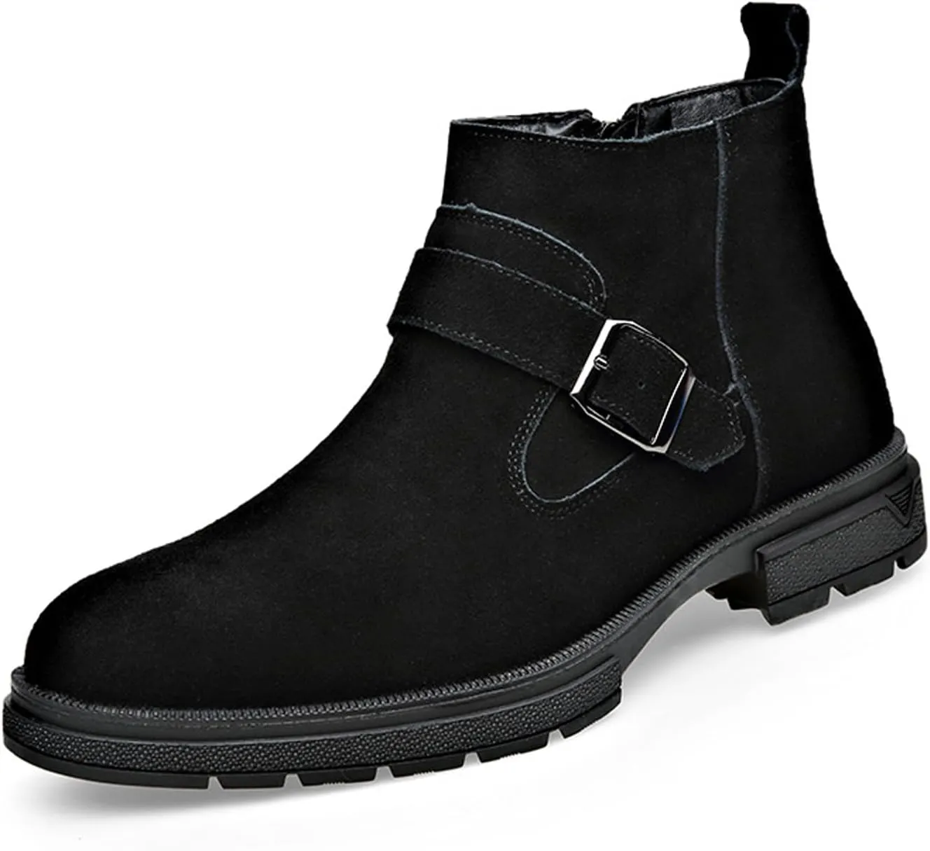 Men's Suede Buckle Low Block Heel Chelsea Ankle Boots with Zipper Retro Round Lug Sole Non-Slip Warm Plush Lining Business Chukka Booties