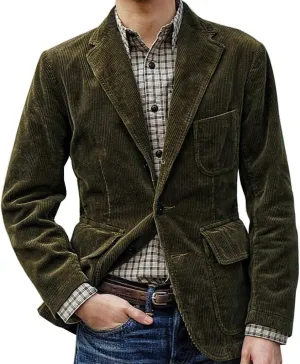 Men's Vintage Business Casual Work Wear Corduroy Suit Jacket Long Sleeve Sport Coat Single Breasted Formal Blazer
