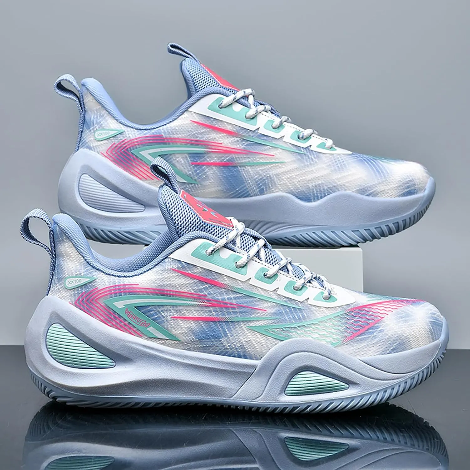 Men's Women's High-Top Basketball Shoes - Breathable Mesh with Cushioned Midsole & Non-Slip Rubber Outsole, Vibrant Split-Color Design Sport Shoes, Indoor/Outdoor Court Sneakers
