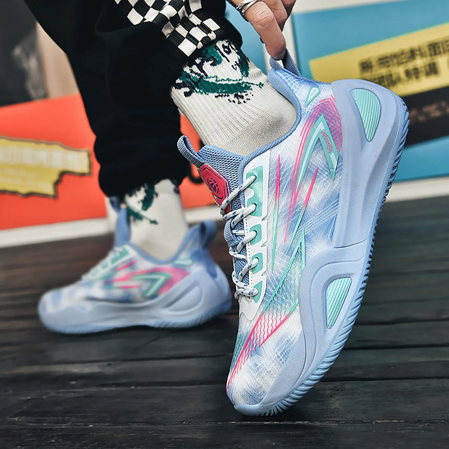 Men's Women's High-Top Basketball Shoes - Breathable Mesh with Cushioned Midsole & Non-Slip Rubber Outsole, Vibrant Split-Color Design Sport Shoes, Indoor/Outdoor Court Sneakers