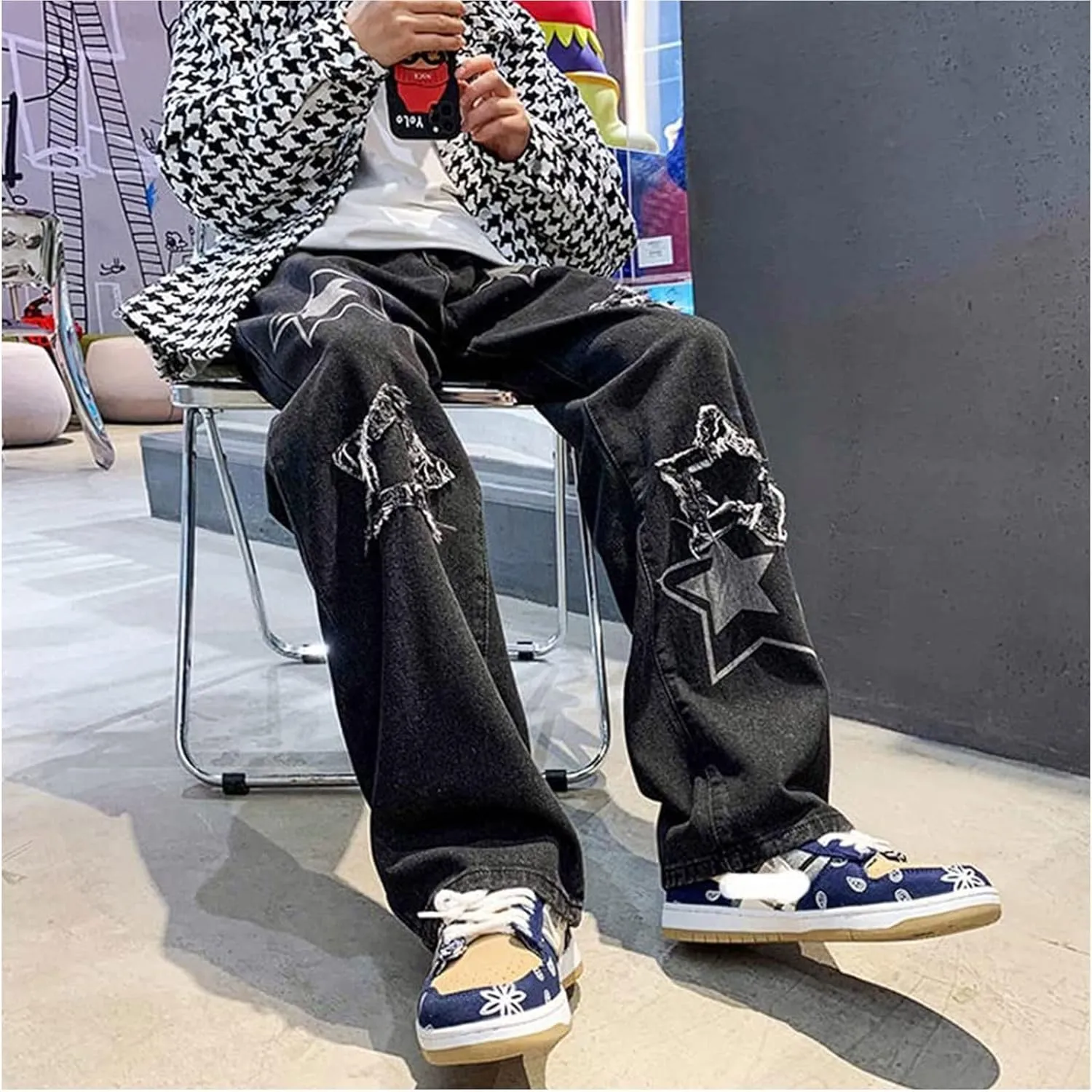 Mens Y2k Jeans Aesthetic Baggy Hip Hop Star Pants Grunge Loose Denim Jogger Y2k Fashion Streetwear