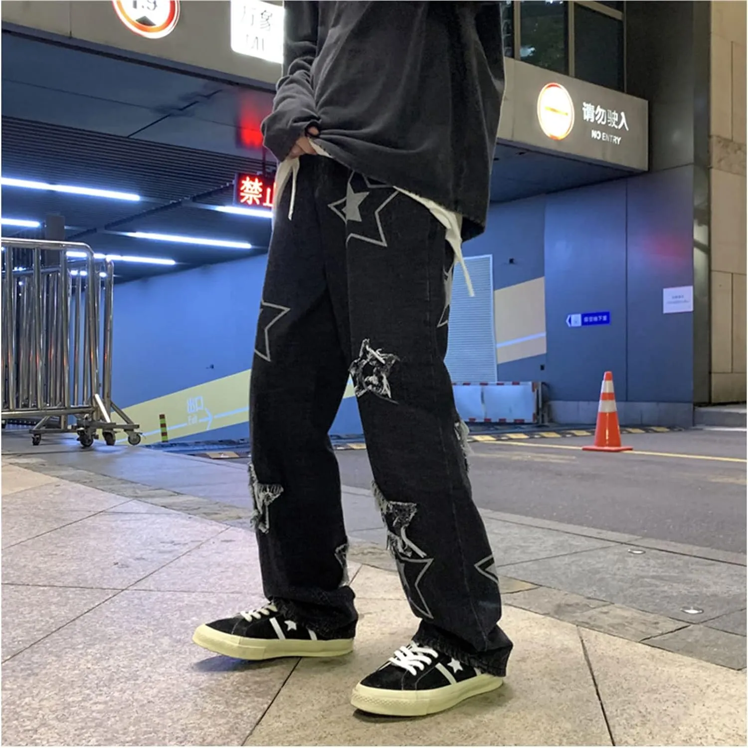 Mens Y2k Jeans Aesthetic Baggy Hip Hop Star Pants Grunge Loose Denim Jogger Y2k Fashion Streetwear