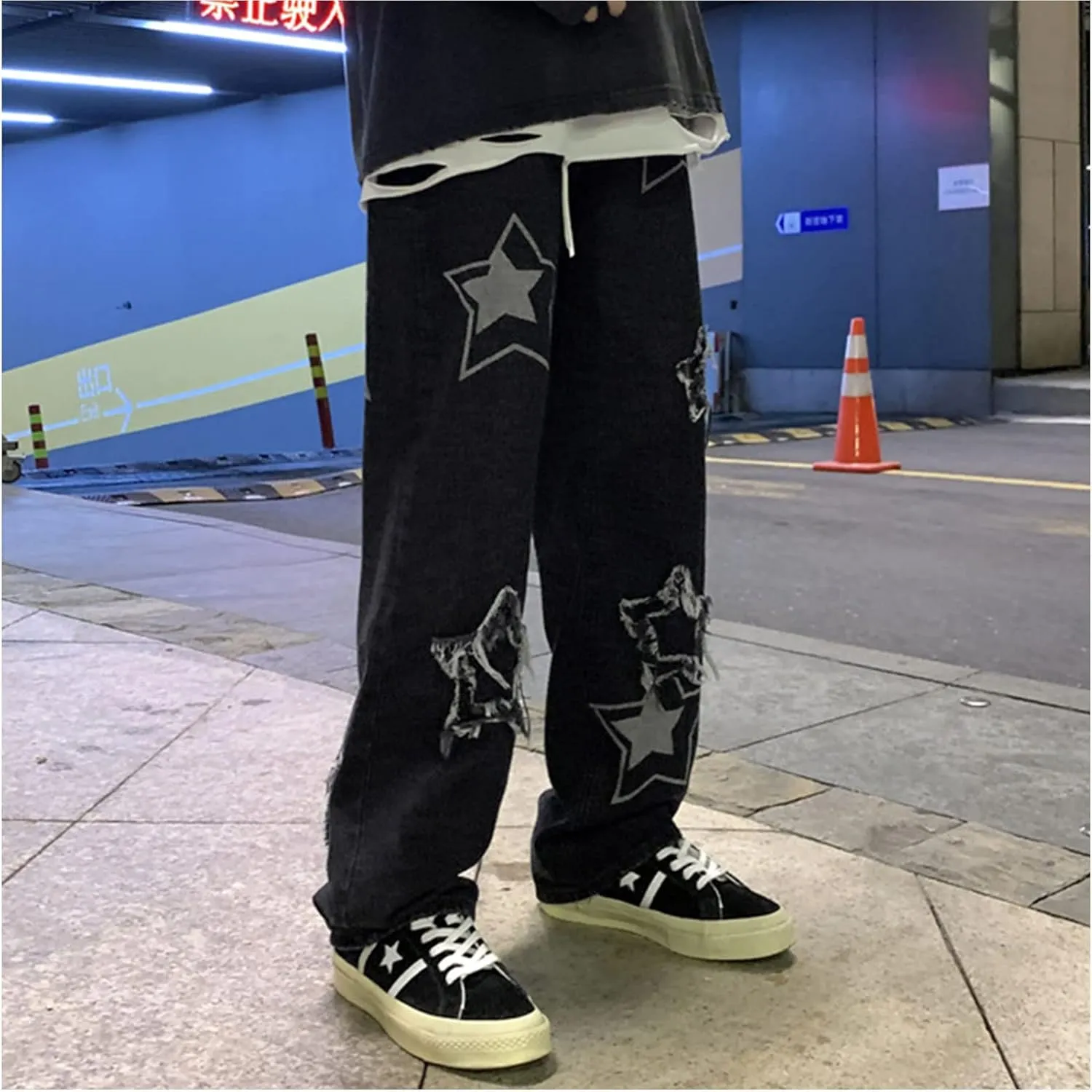 Mens Y2k Jeans Aesthetic Baggy Hip Hop Star Pants Grunge Loose Denim Jogger Y2k Fashion Streetwear