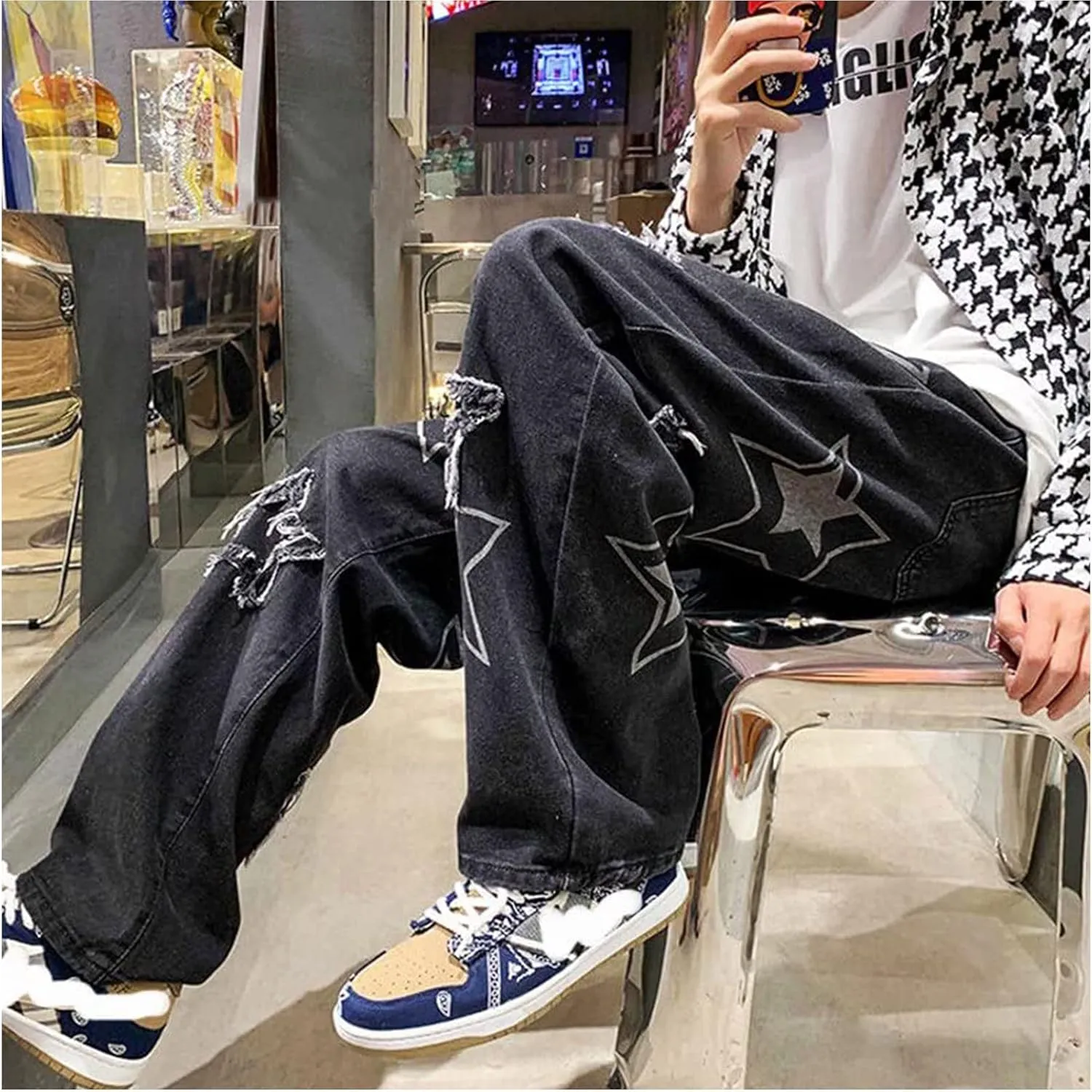 Mens Y2k Jeans Aesthetic Baggy Hip Hop Star Pants Grunge Loose Denim Jogger Y2k Fashion Streetwear