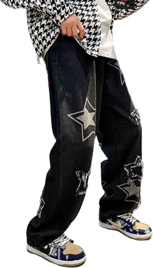 Mens Y2k Jeans Aesthetic Baggy Hip Hop Star Pants Grunge Loose Denim Jogger Y2k Fashion Streetwear