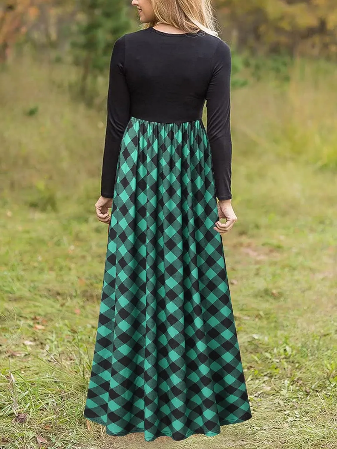 MEROKEETY Women's Long Sleeve Plaid Empire Waist Full Length Maxi Dress with Pockets