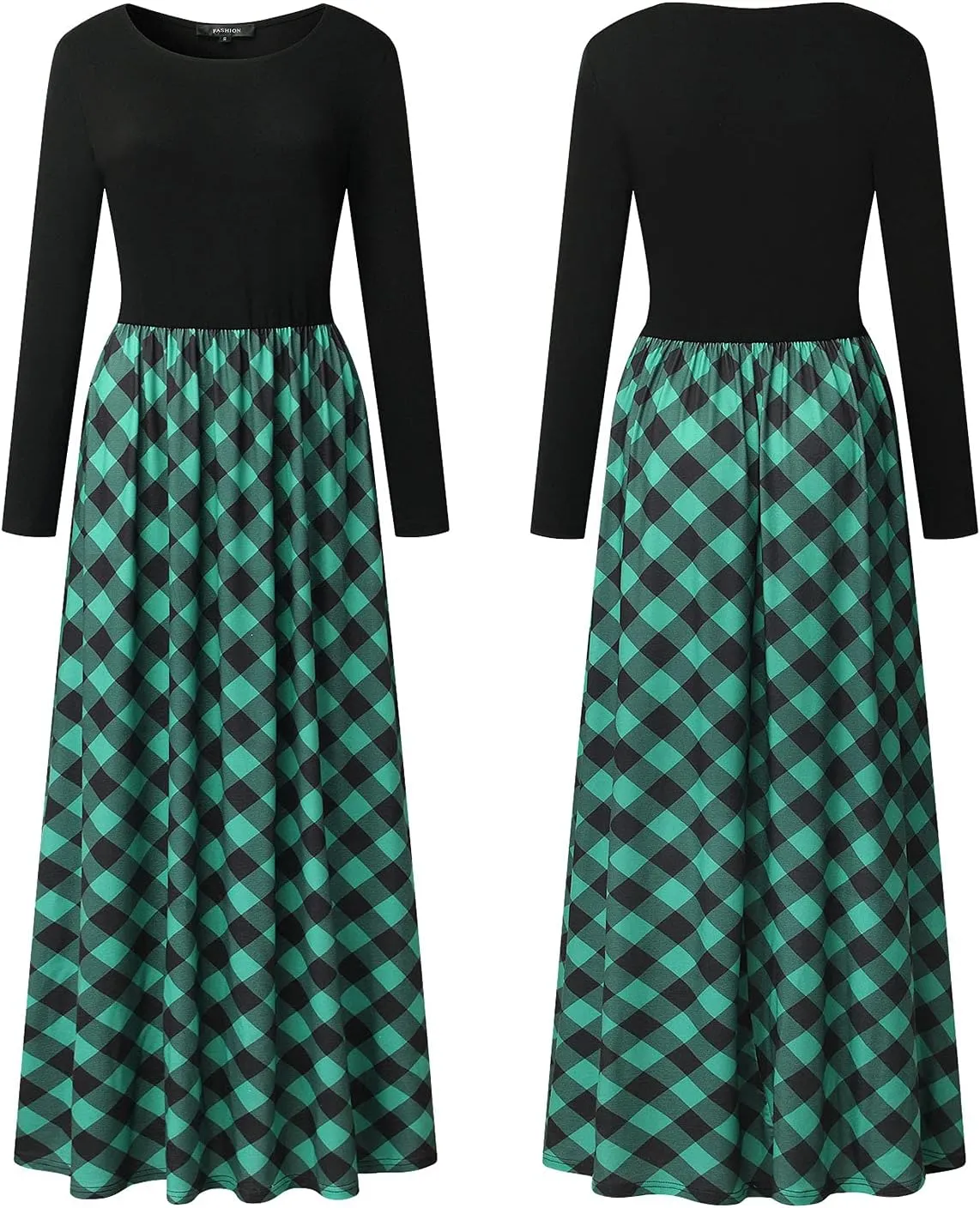 MEROKEETY Women's Long Sleeve Plaid Empire Waist Full Length Maxi Dress with Pockets