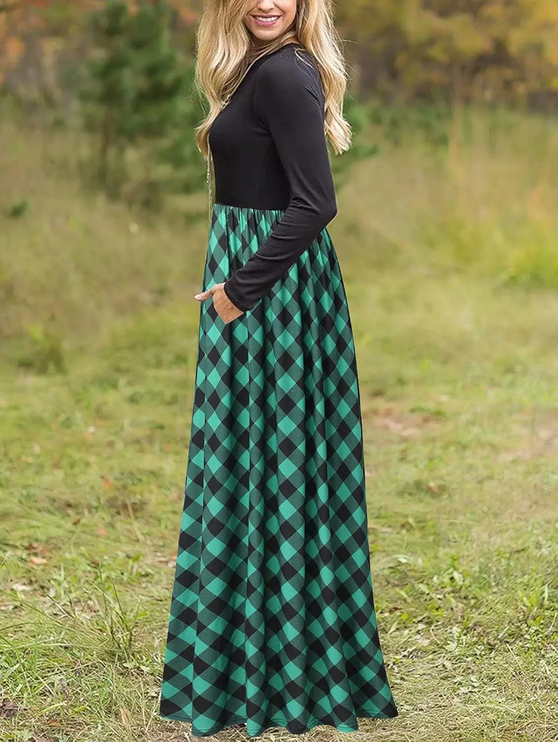 MEROKEETY Women's Long Sleeve Plaid Empire Waist Full Length Maxi Dress with Pockets
