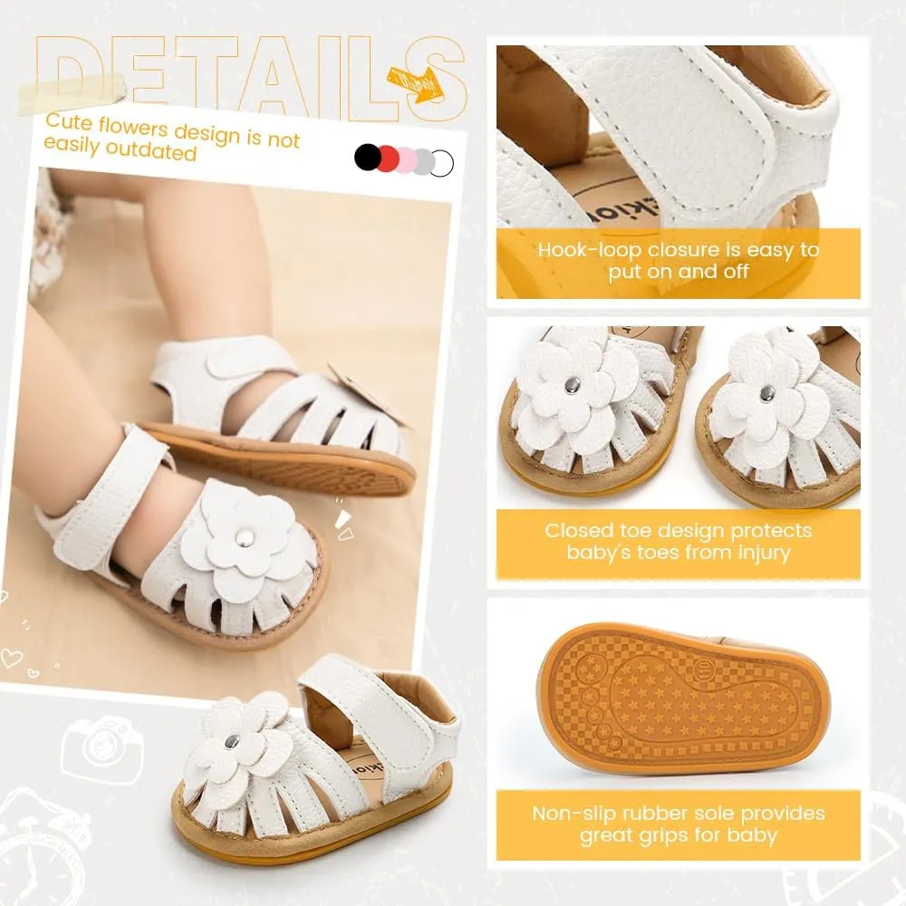Miamooi Infant Baby Girls Boys Sandals Summer Bowknot Crib Shoes Toddler Pu Leather Flower Soft Rubber Sole Dress Flats First Walker Shoes