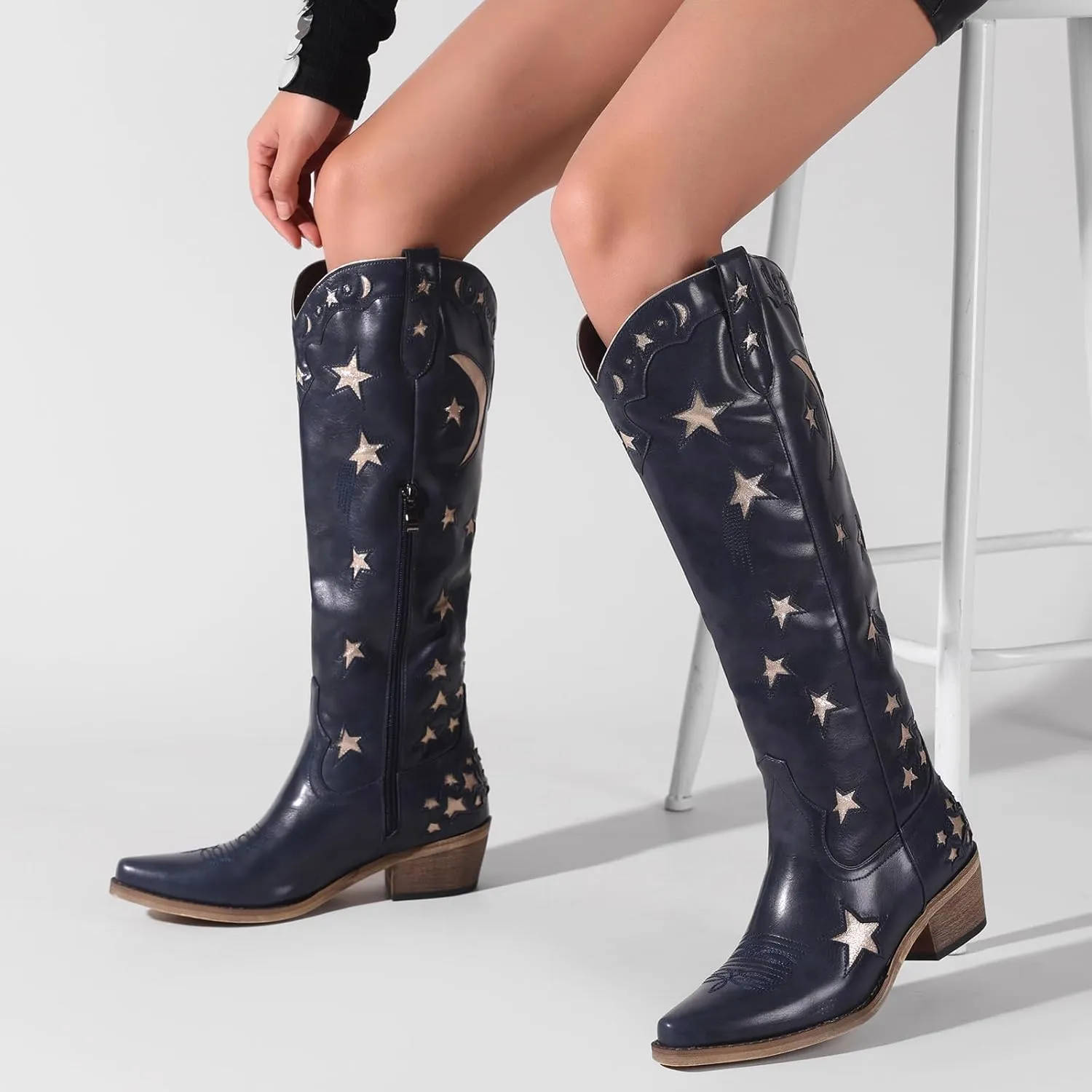 Mid Calf Cowgirl Boots with Stars Inlay Chunky Block Heels and Snip Toe Trend Shoes Stylish Embroidery Western Knee High Boots Cute Cowboy Boots For Ladies Casual Dressy Party