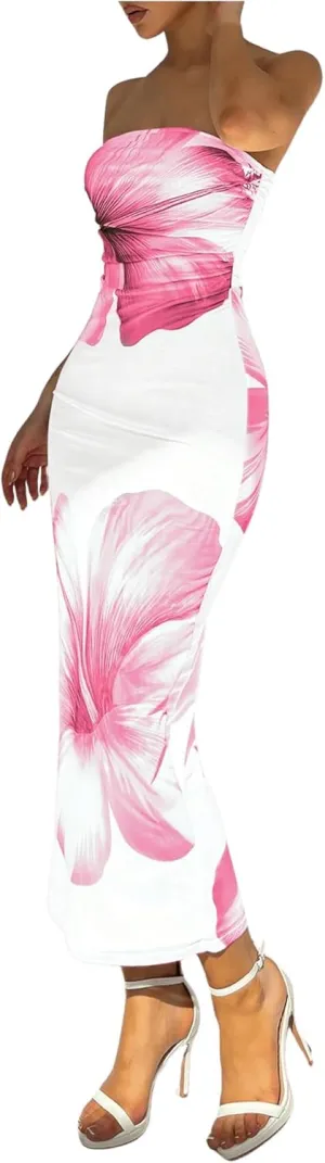 Milumia Women's Floral Strapless Bodycon Maxi Dress Summer Tube Top Dresses