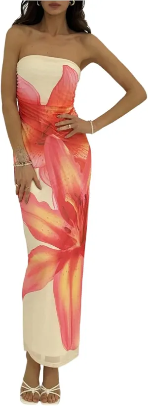 Milumia Women's Floral Strapless Bodycon Maxi Dress Summer Tube Top Dresses