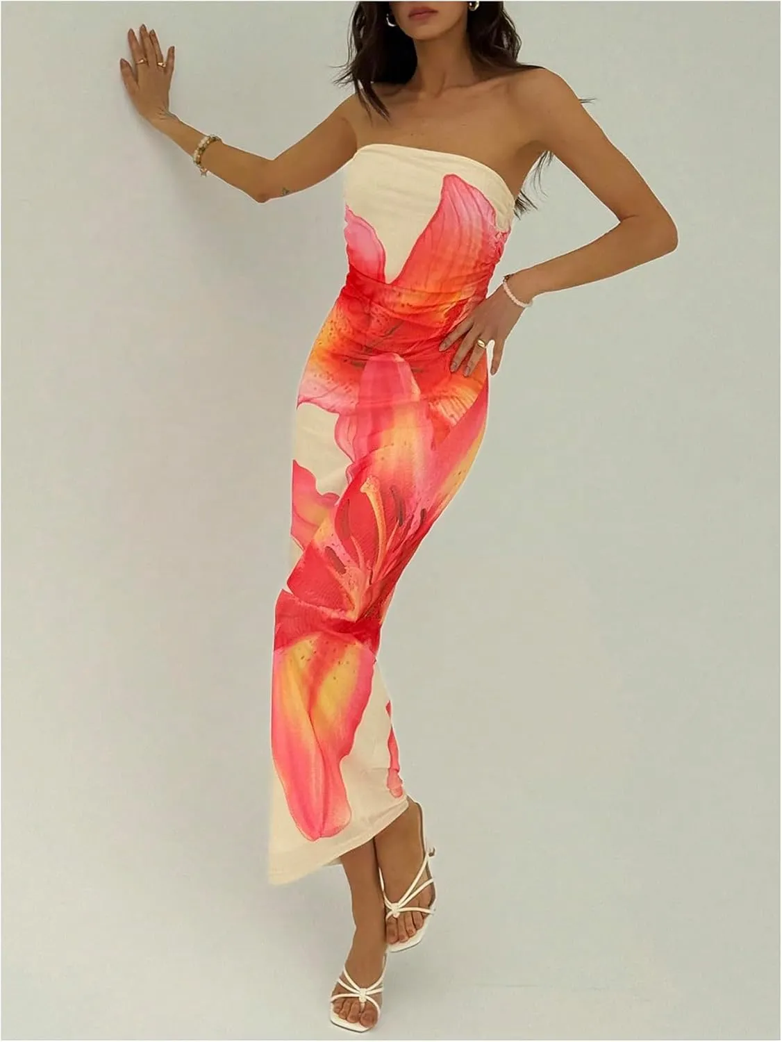 Milumia Women's Floral Strapless Bodycon Maxi Dress Summer Tube Top Dresses