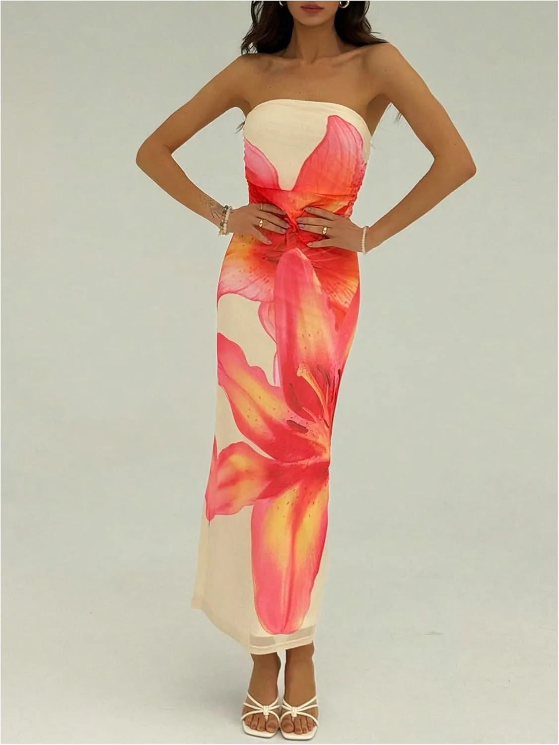 Milumia Women's Floral Strapless Bodycon Maxi Dress Summer Tube Top Dresses