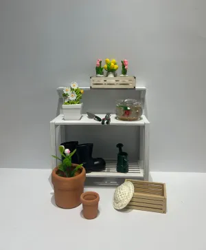 Miniature Dollhouse Garden Potting Bench Set, 1:12 Scale, with Tools, Flowers, Pots and Fish Bowl (Potting Bench)