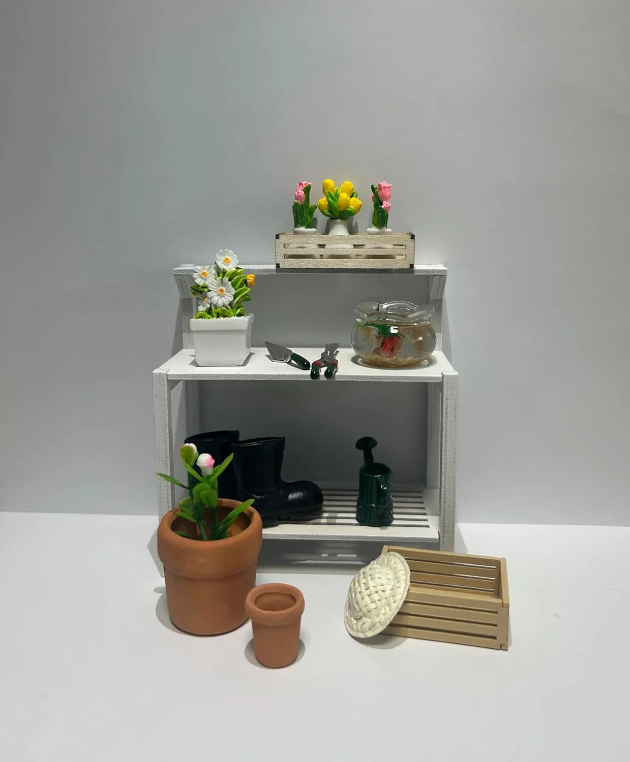Miniature Dollhouse Garden Potting Bench Set, 1:12 Scale, with Tools, Flowers, Pots and Fish Bowl (Potting Bench)