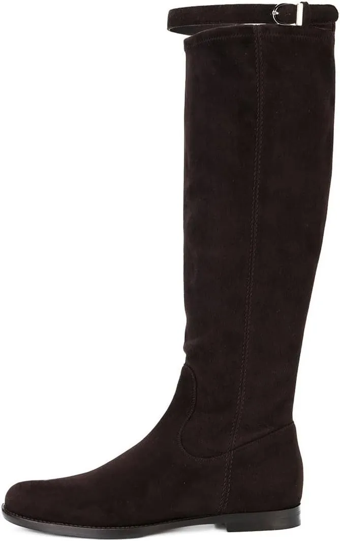 miss left Women Stretchy Knee High Boots Closed Almond Toe Flat Riding Boot with Strap Buckle Comfortable Winter Cold Weather Office Shoes Size 4-16 US