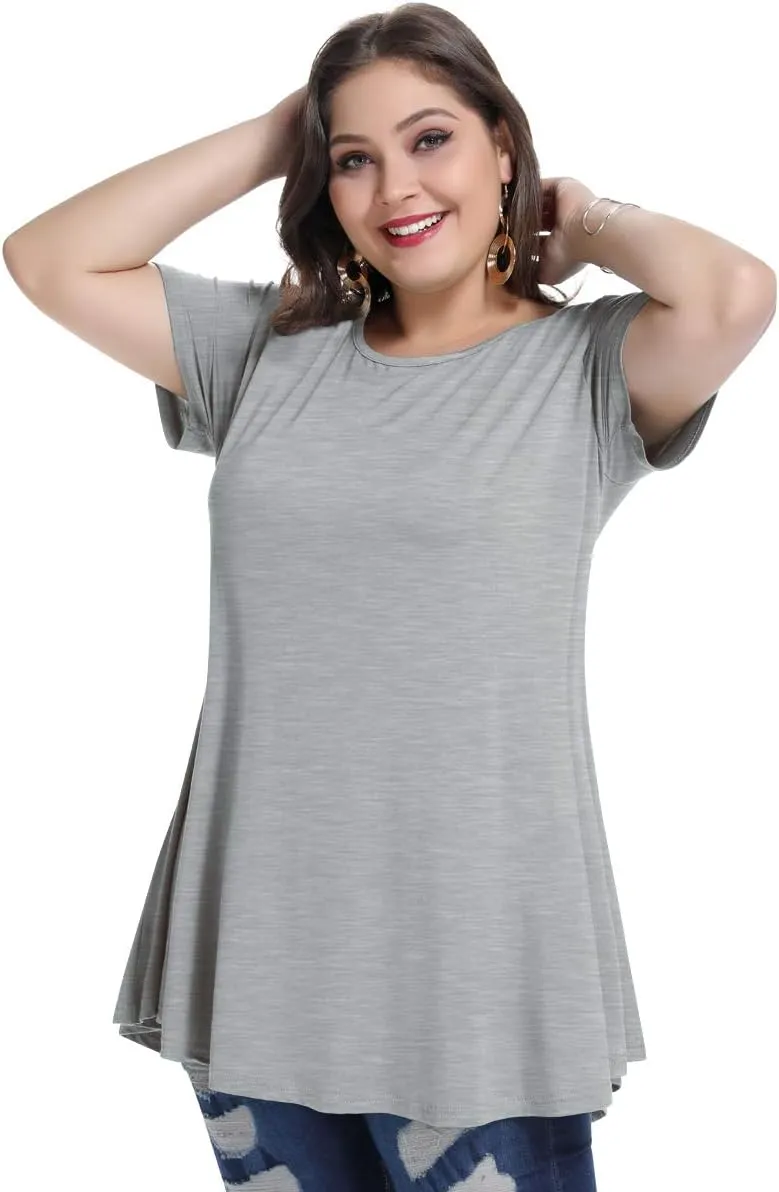 MONNURO Womens Short Sleeve Casual Loose Fit Flare Swing Tunic Tops Basic T-Shirt Plus Size