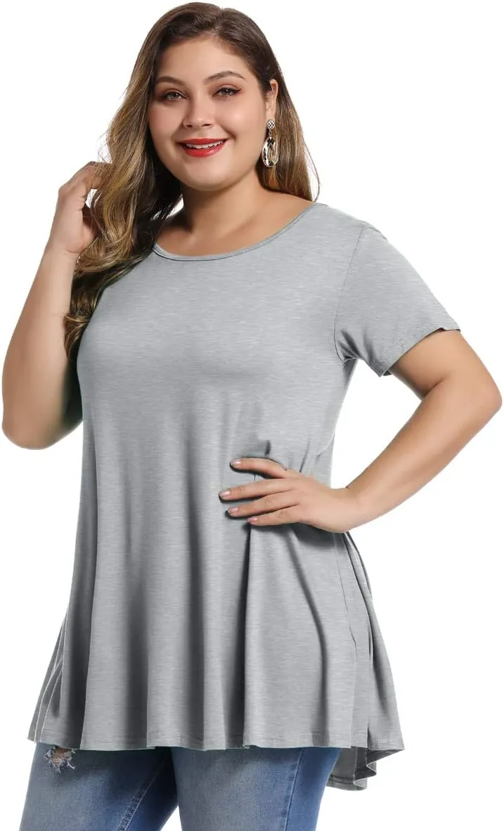 MONNURO Womens Short Sleeve Casual Loose Fit Flare Swing Tunic Tops Basic T-Shirt Plus Size