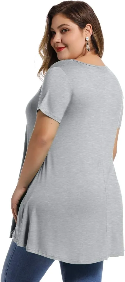 MONNURO Womens Short Sleeve Casual Loose Fit Flare Swing Tunic Tops Basic T-Shirt Plus Size