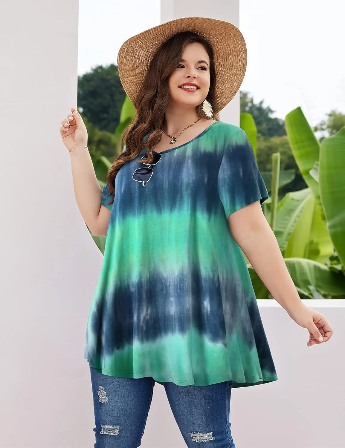MONNURO Womens Short Sleeve Casual Loose Fit Flare Swing Tunic Tops Basic T-Shirt Plus Size