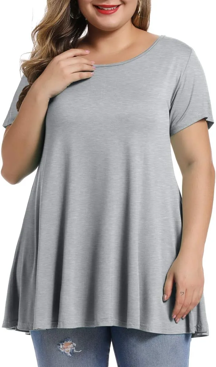 MONNURO Womens Short Sleeve Casual Loose Fit Flare Swing Tunic Tops Basic T-Shirt Plus Size