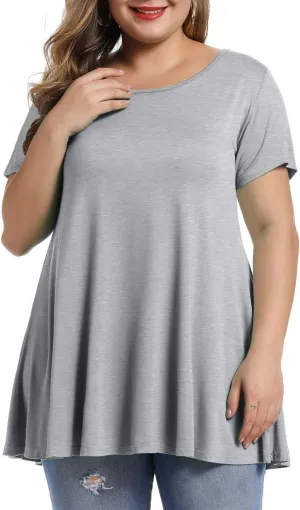 MONNURO Womens Short Sleeve Casual Loose Fit Flare Swing Tunic Tops Basic T-Shirt Plus Size