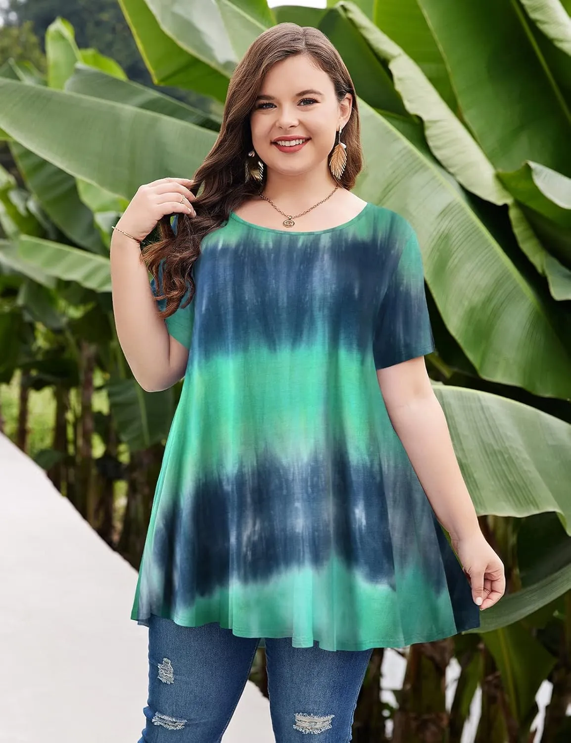 MONNURO Womens Short Sleeve Casual Loose Fit Flare Swing Tunic Tops Basic T-Shirt Plus Size