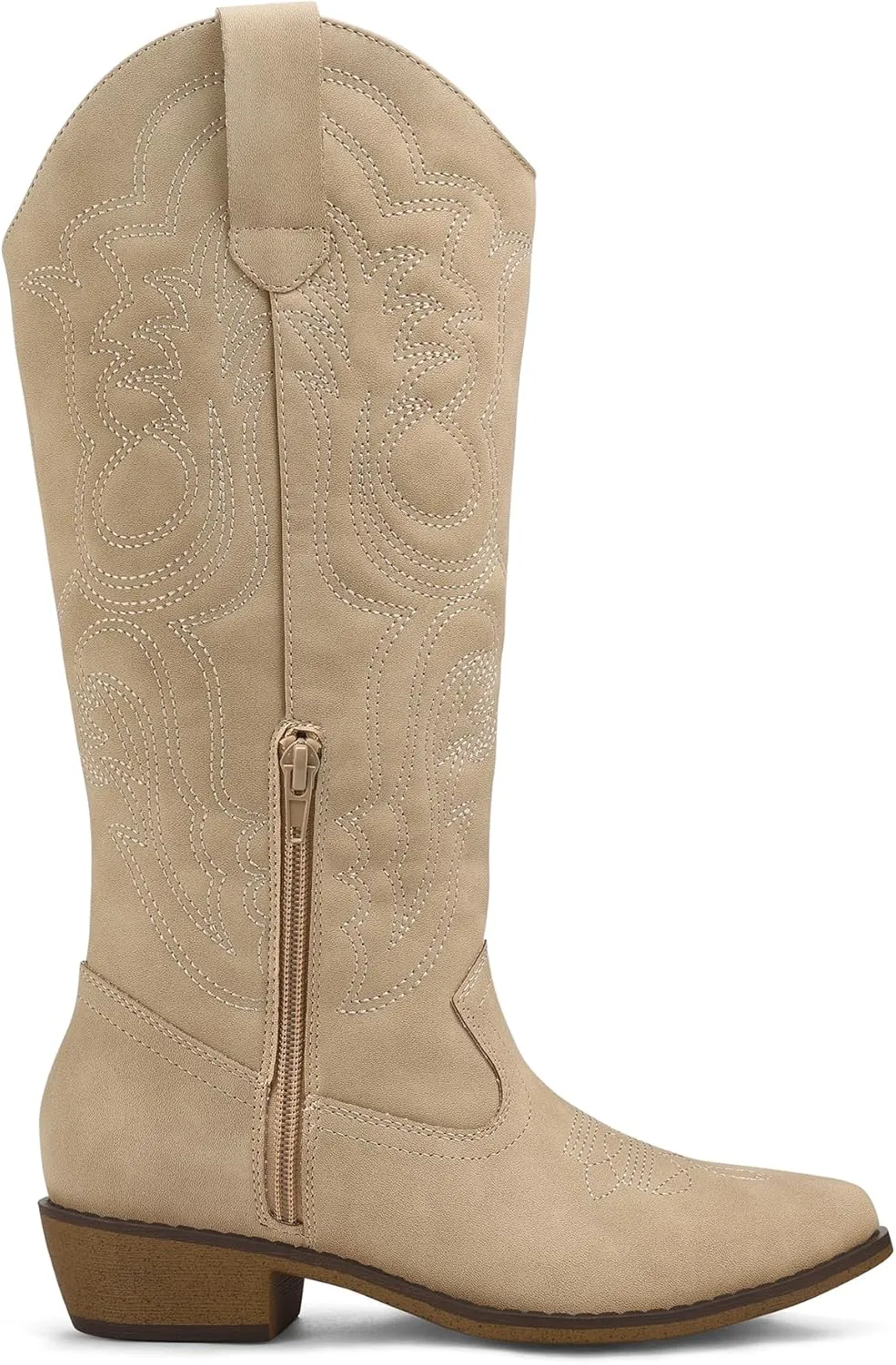 mysoft Women's Cowboy Boots Mid Calf Cowgirl Embroidered Western Pointed Toe Chunky Heel Pull On Knee High Boots