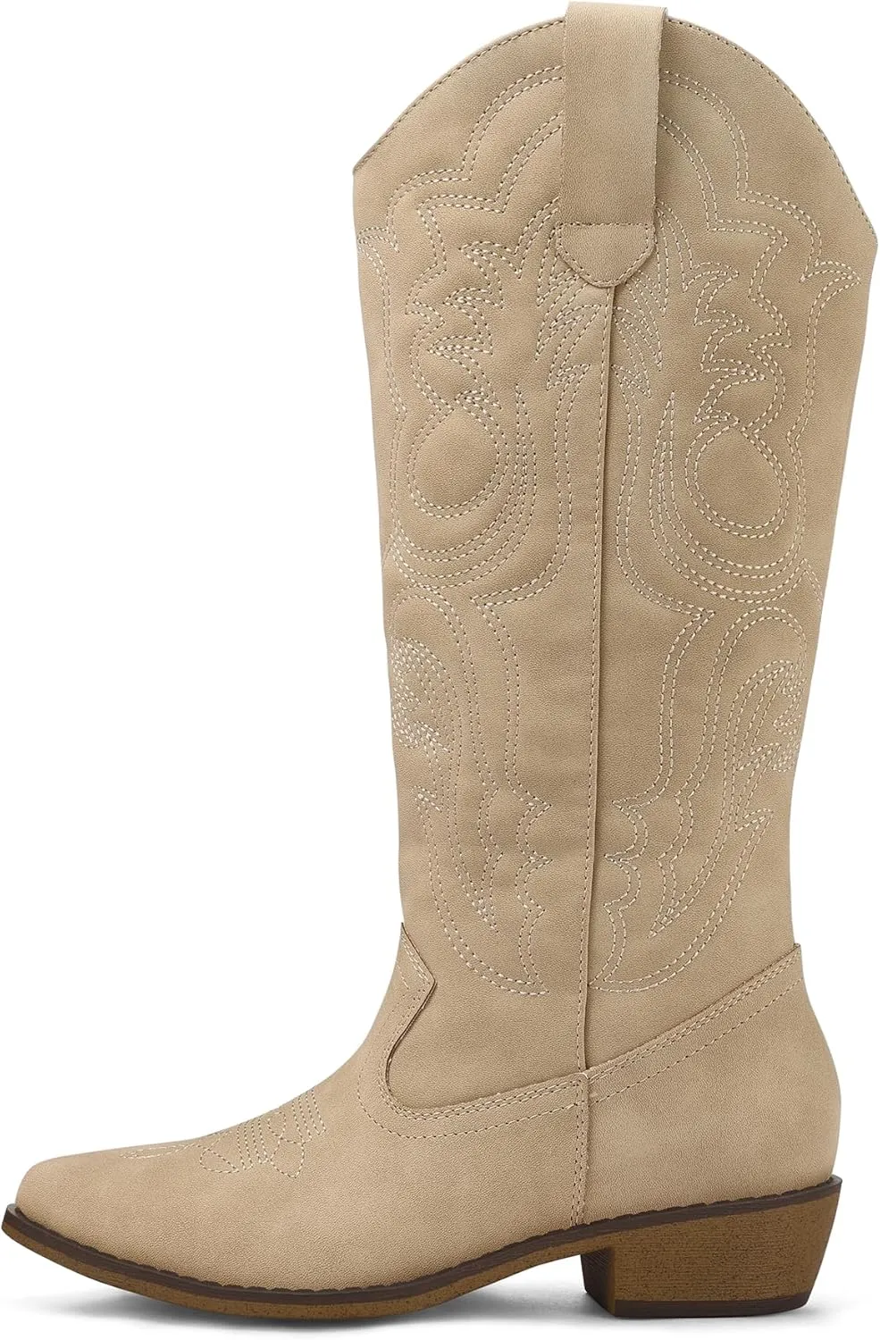 mysoft Women's Cowboy Boots Mid Calf Cowgirl Embroidered Western Pointed Toe Chunky Heel Pull On Knee High Boots