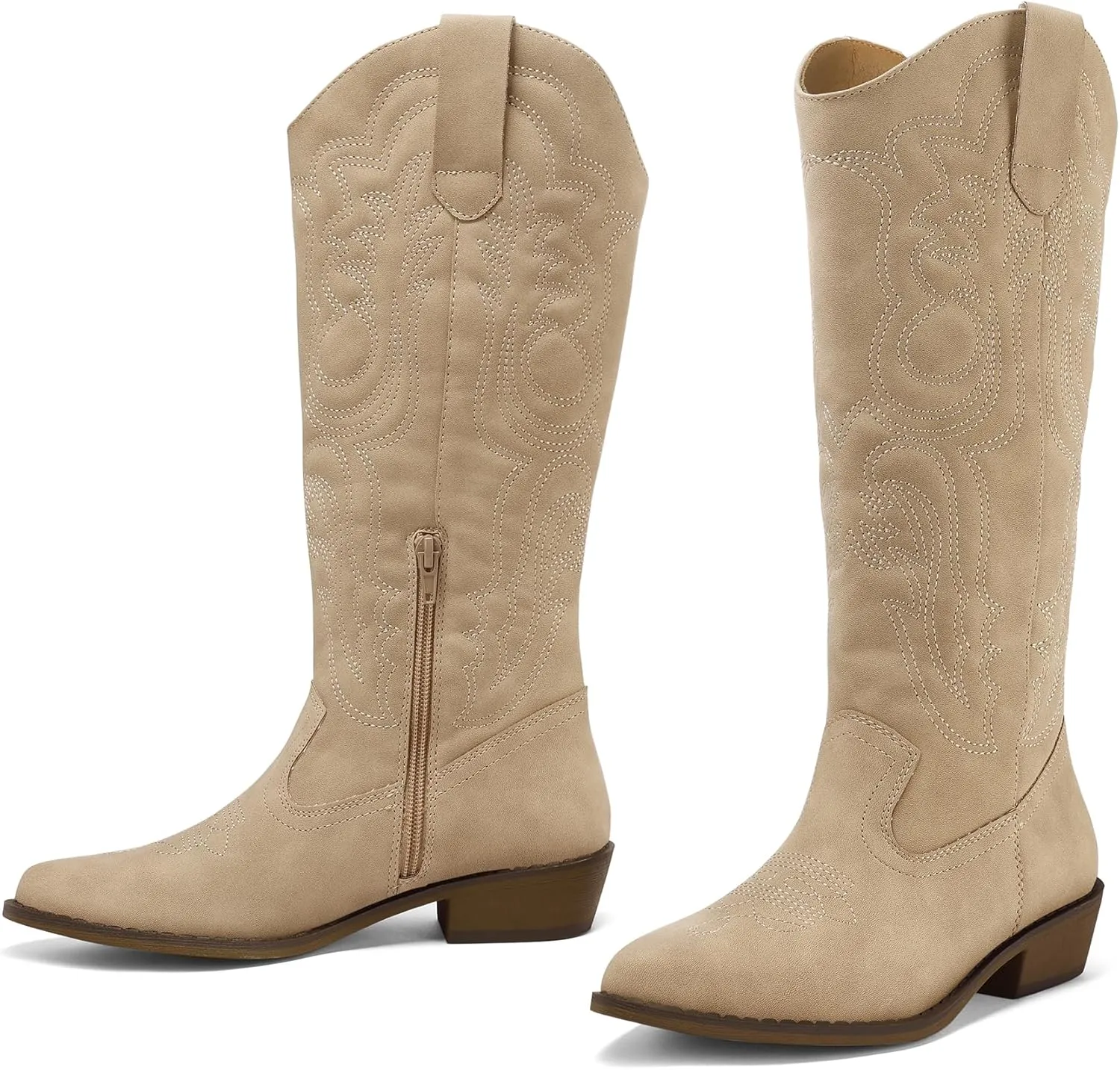 mysoft Women's Cowboy Boots Mid Calf Cowgirl Embroidered Western Pointed Toe Chunky Heel Pull On Knee High Boots