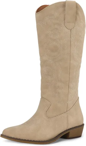 mysoft Women's Cowboy Boots Mid Calf Cowgirl Embroidered Western Pointed Toe Chunky Heel Pull On Knee High Boots