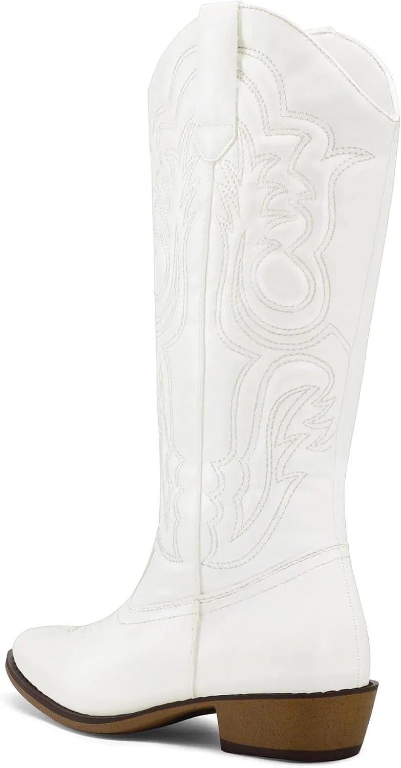 mysoft Women's Cowboy Boots Mid Calf Cowgirl Embroidered Western Pointed Toe Chunky Heel Pull On Knee High Boots