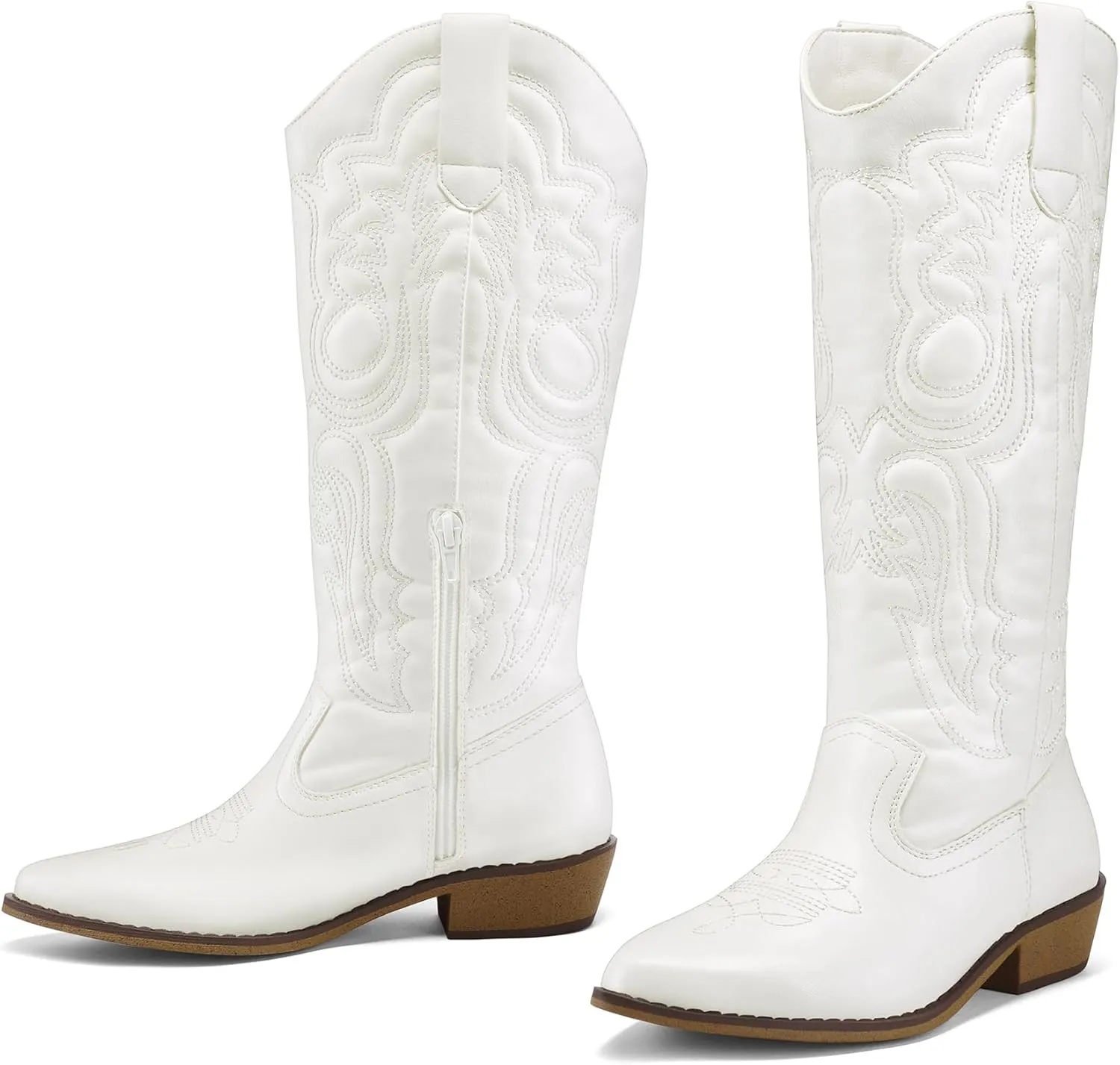 mysoft Women's Cowboy Boots Mid Calf Cowgirl Embroidered Western Pointed Toe Chunky Heel Pull On Knee High Boots