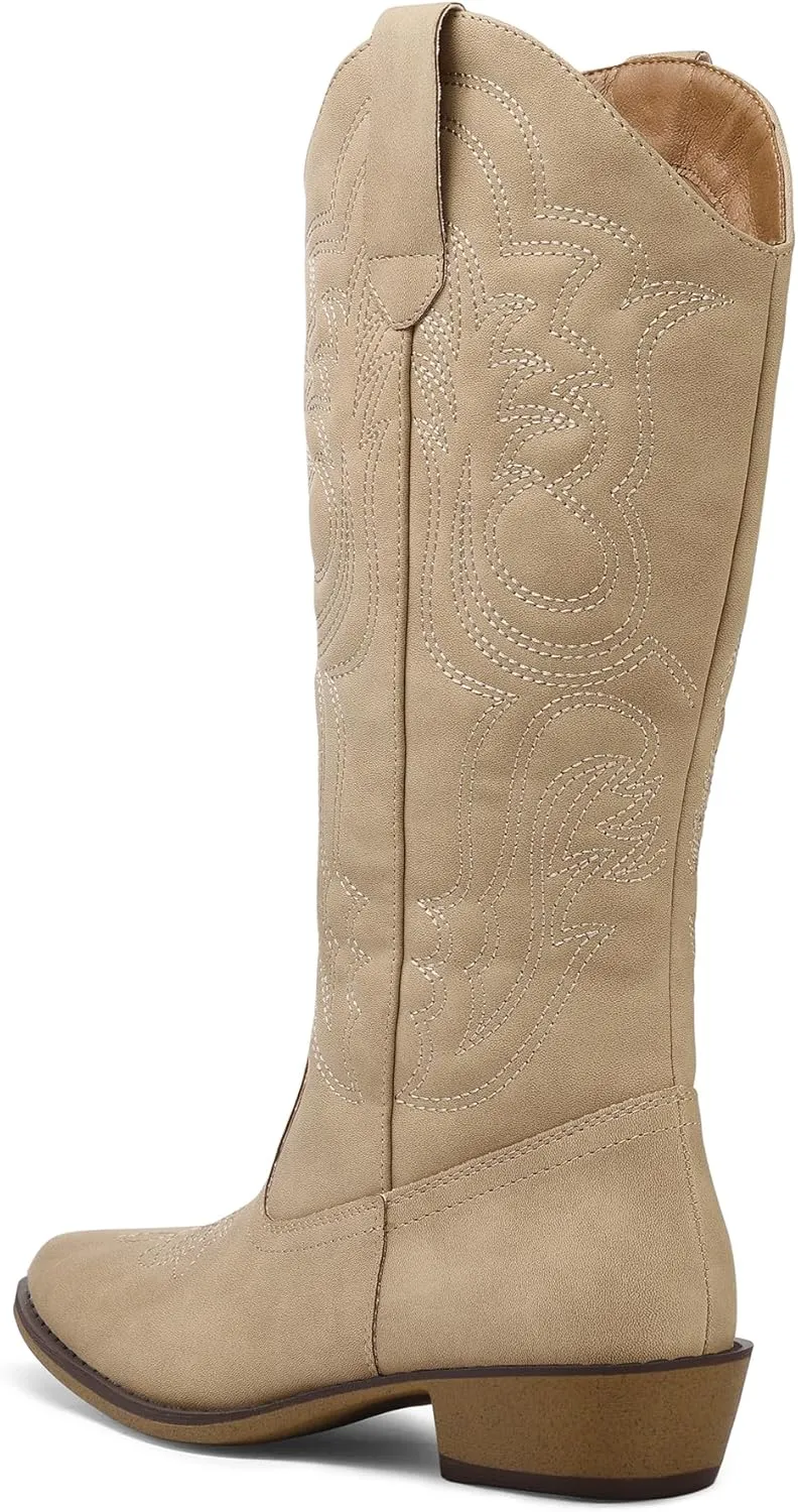 mysoft Women's Cowboy Boots Mid Calf Cowgirl Embroidered Western Pointed Toe Chunky Heel Pull On Knee High Boots